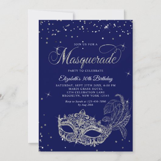 Glam Royal Blue Silver Glitter Masquerade Verjaard Kaart (Voorkant)
