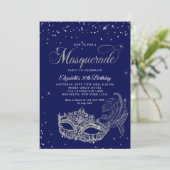Glam Royal Blue Silver Glitter Masquerade Verjaard Kaart (Staand voorkant)