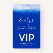 Glam Royal Blue Sweet 16 Uitnodiging VIP Pass Badg Badge (Voorkant)