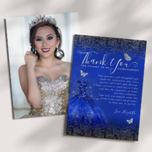 Glam Royal Blue Zilveren Glitter Quinceanera Foto Bedankkaart
