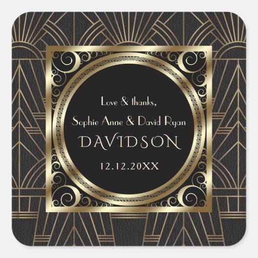 Glam Royal Goud Zwart Art Deco 20s Bruiloft Vierkante Sticker (Voorkant)