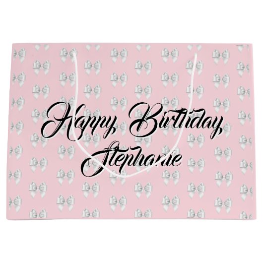 Glam Roze Aangepaste Naam Tiffany Thema Witte Boog Groot Cadeauzakje (Voorkant)