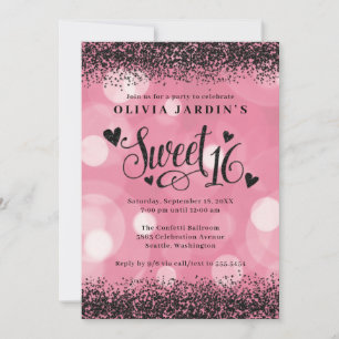 Glam Roze & Black Glitter Sweet 16 Kaart