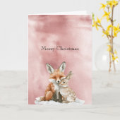 Glam Roze Blush Roze Vos Konijn Kerstmis Kaart (Gele Bloem)