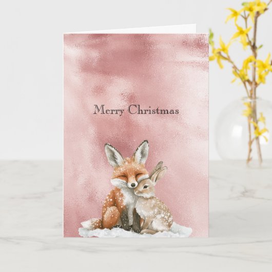Glam Roze Blush Roze Vos Konijn Kerstmis Kaart (Gele Bloem)