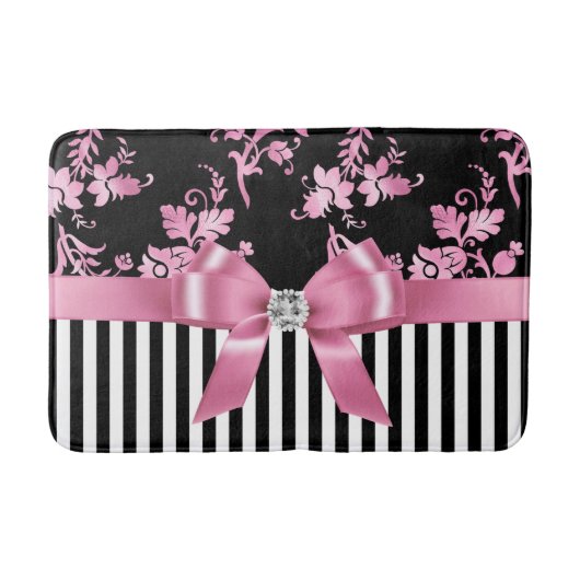 Glam roze bow-roze Stencil-zwart witte instripes Badmat (Voorkant)