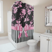 Glam roze bow-roze Stencil-zwart witte instripes Douchegordijn (In situ)