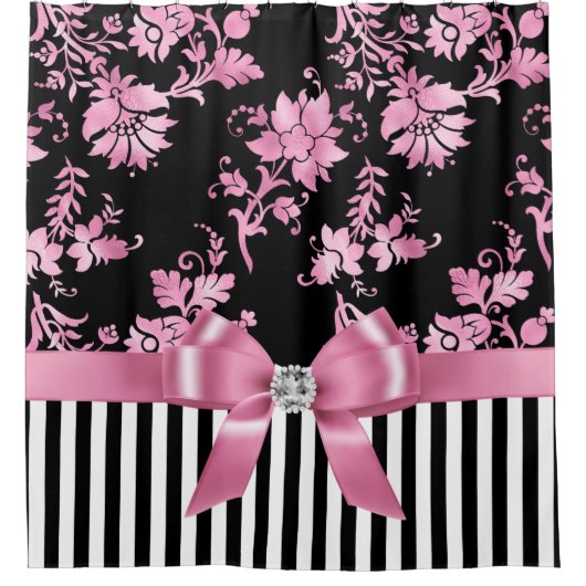 Glam roze bow-roze Stencil-zwart witte instripes Douchegordijn (Voorkant)