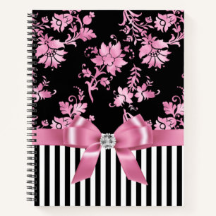 Glam roze bow-roze Stencil-zwart witte instripes Notitieboek