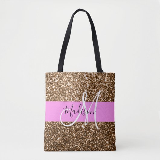 Glam Roze & Bronze Glitter Sparkles Monogram Draagtas (Voorkant)