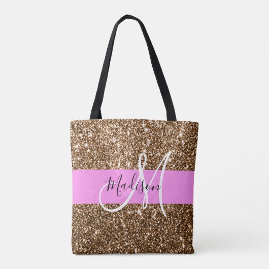 Glam Roze & Bronze Glitter Sparkles Monogram Draagtas (Achterkant)