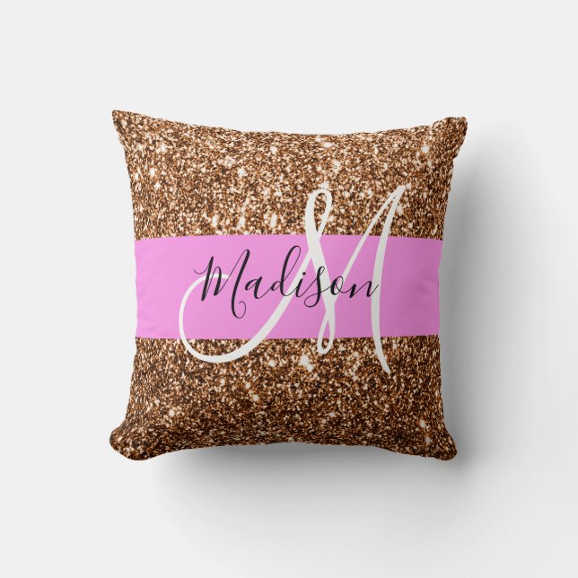 Glam Roze & Bronze Glitter Sparkles Monogram Kussen (Voorkant)