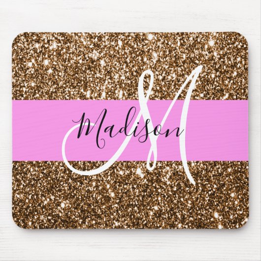 Glam Roze & Bronze Glitter Sparkles Monogram Muismat (Voorkant)