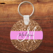 Glam Roze & Bronze Glitter Sparkles Monogram Sleutelhanger (Voorkant)