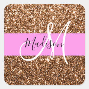 Glam Roze & Bronzen Glitter Vonken Monogram Naam Vierkante Sticker
