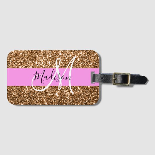 Glam Roze & Copper Glitter Sparkles Monogram Bagagelabel (Voorkant (horizontaal))