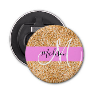 Glam Roze & Copper Glitter Sparkles Monogram Button Flesopener