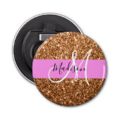 Glam Roze & Copper Glitter Sparkles Monogram Button Flesopener (Voorkant)