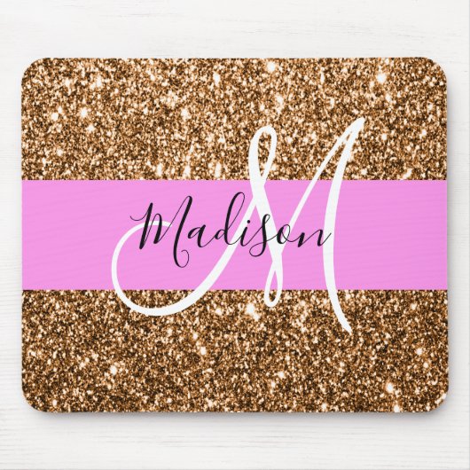 Glam Roze & Copper Glitter Sparkles Monogram Muismat (Voorkant)