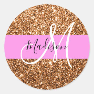 Glam Roze & Copper Glitter Sparkles Monogram Ronde Sticker