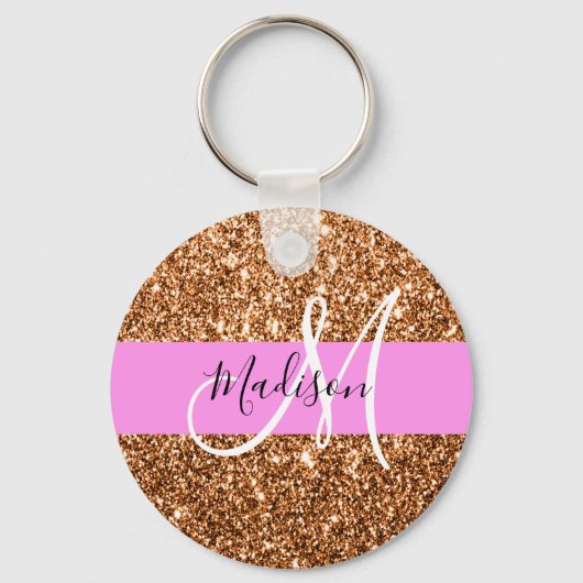 Glam Roze & Copper Glitter Sparkles Monogram Sleutelhanger (Voorkant)