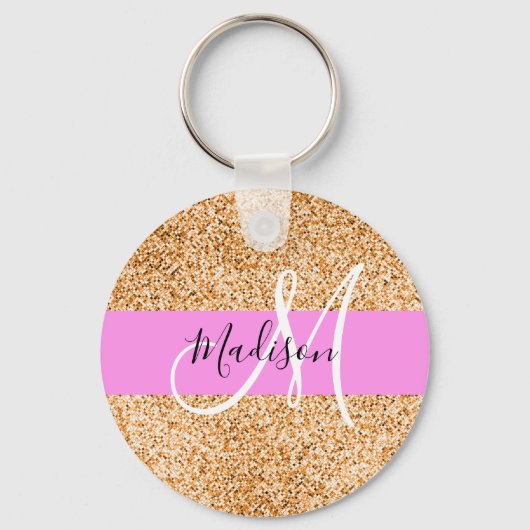 Glam Roze & Copper Glitter Sparkles Monogram Sleutelhanger (Voorkant)