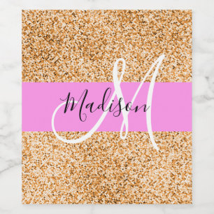Glam Roze & Copper Glitter Sparkles Monogram Wijn Etiket