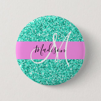 Glam Roze en Aqua Glitter Schitterende Monogram Na Ronde Button 5,7 Cm