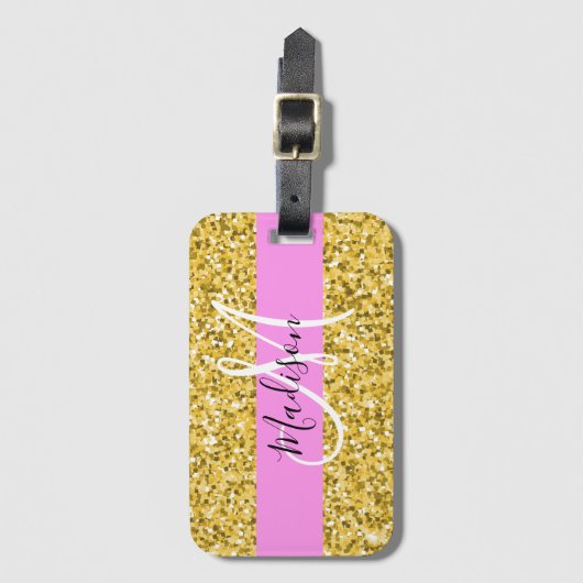 Glam Roze en Gold Glitter Sparkles Monogram Bagagelabel (Voorkant (verticaal))