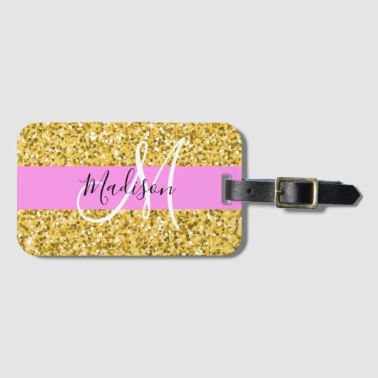 Glam Roze en Gold Glitter Sparkles Monogram Bagagelabel (Voorkant (horizontaal))