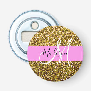 Glam Roze en Gold Glitter Sparkles Monogram Button Flesopener