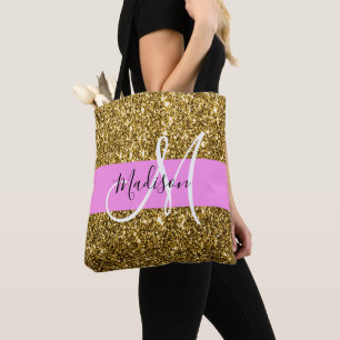 Glam Roze en Gold Glitter Sparkles Monogram Draagtas