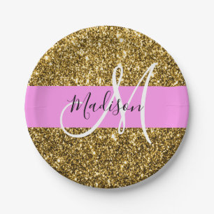 Glam Roze en Gold Glitter Sparkles Monogram Papieren Bordje