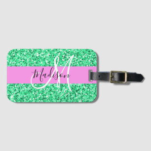 Glam Roze en Groene Glitter Sparkles Monogram Bagagelabel