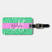 Glam Roze en Groene Glitter Sparkles Monogram Bagagelabel (Voorkant horizontaal)