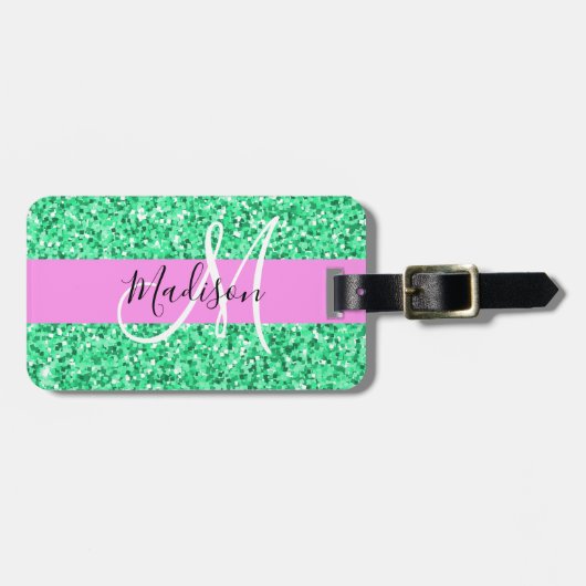 Glam Roze en Groene Glitter Sparkles Monogram Bagagelabel (Voorkant horizontaal)