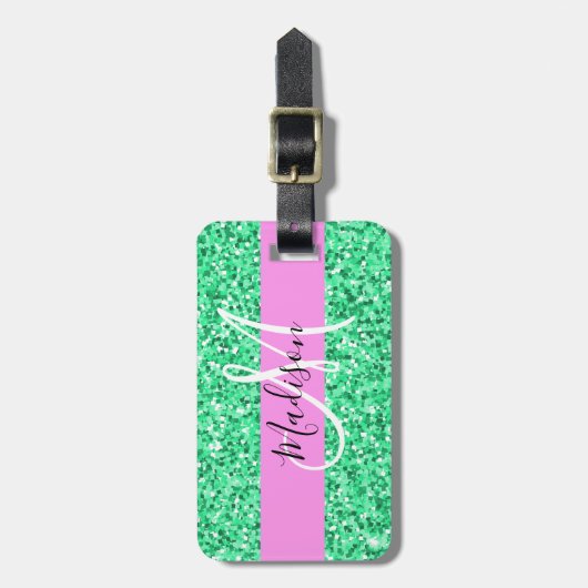 Glam Roze en Groene Glitter Sparkles Monogram Bagagelabel (Voorkant verticaal)