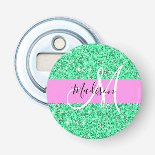 Glam Roze en Groene Glitter Sparkles Monogram Button Flesopener