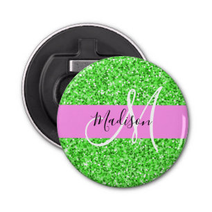 Glam Roze en Groene Glitter Sparkles Monogram Button Flesopener