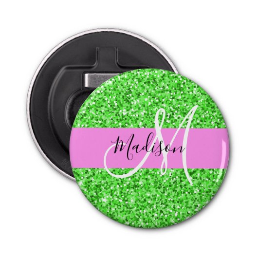 Glam Roze en Groene Glitter Sparkles Monogram Button Flesopener (Voorkant)