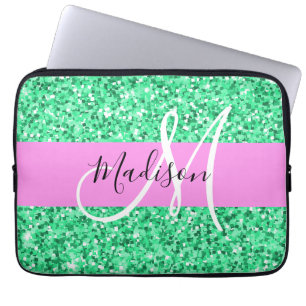 Glam Roze en Groene Glitter Sparkles Monogram Laptop Sleeve