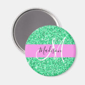 Glam Roze en Groene Glitter Sparkles Monogram Magneet (Voorkant / Achterkant)
