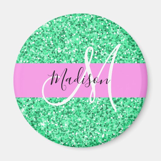 Glam Roze en Groene Glitter Sparkles Monogram Magneet (Voorkant)