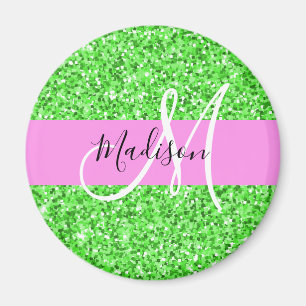 Glam Roze en Groene Glitter Sparkles Monogram Magneet