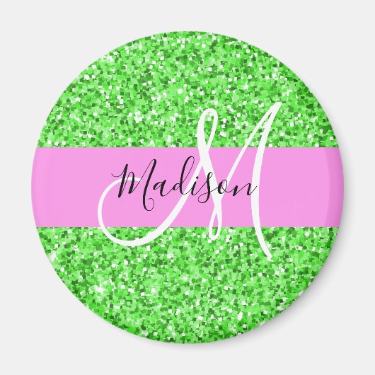 Glam Roze en Groene Glitter Sparkles Monogram Magneet (Voorkant)