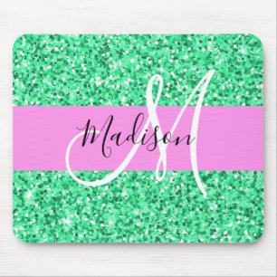 Glam Roze en Groene Glitter Sparkles Monogram Muismat