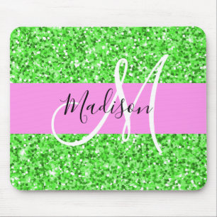 Glam Roze en Groene Glitter Sparkles Monogram Muismat