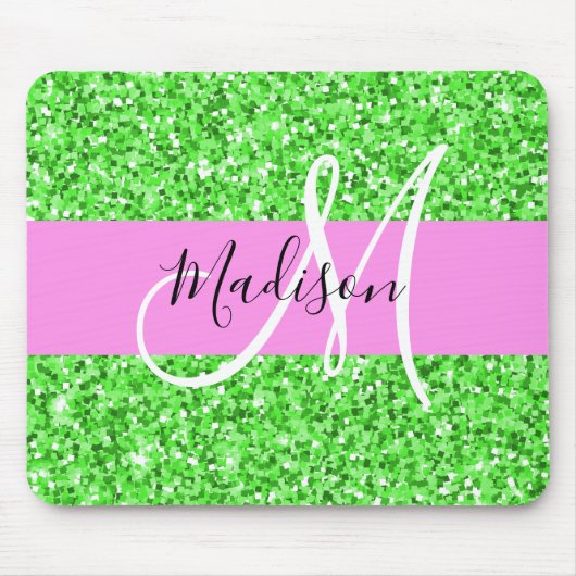 Glam Roze en Groene Glitter Sparkles Monogram Muismat (Voorkant)