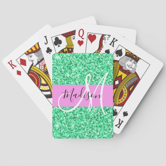 Glam Roze en Groene Glitter Sparkles Monogram Pokerkaarten (Achterkant)