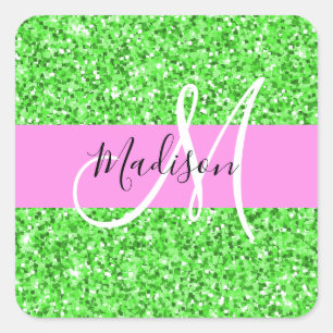 Glam Roze en Groene Glitter Sparkles Monogram Vierkante Sticker